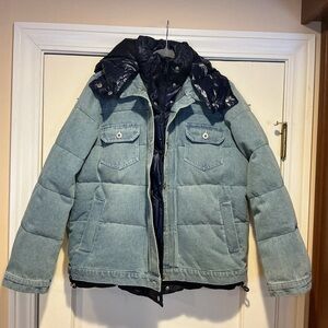 NWOT SACAI Men's Blue Denim Puffer Jacket with Navy Lining, Size 3 = L